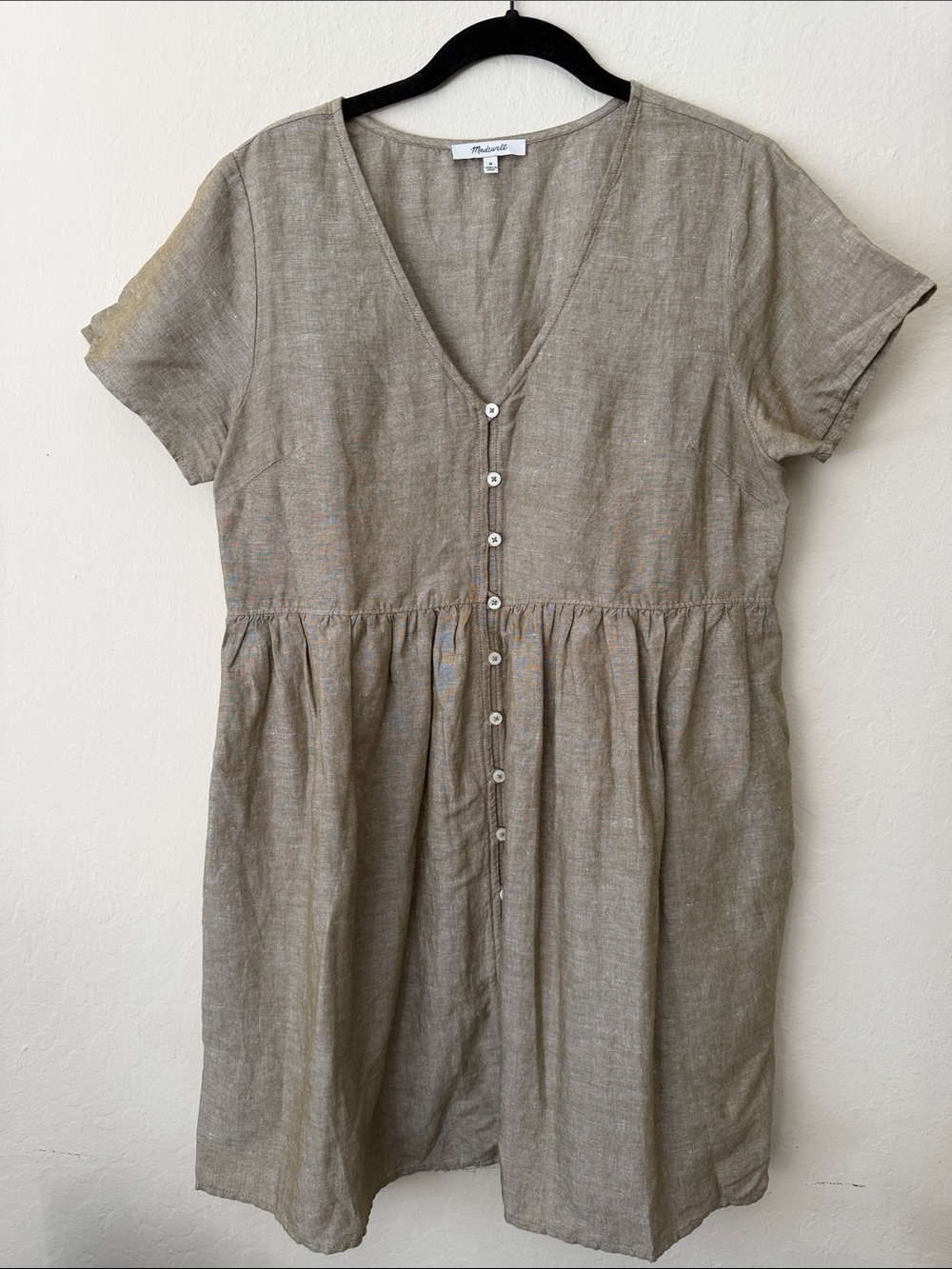 Madewell Olive/Tan Button-Front V-Neck Mini Dress